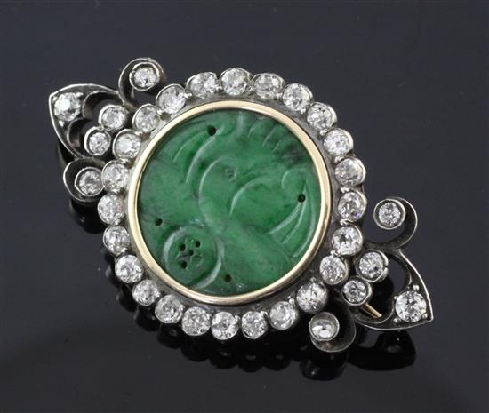 A late Victorian jadeite and diamond set brooch, 1.75in.